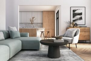 Minimalist staged living room with modern furniture and open kitchen design