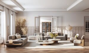 Bright staged living room prepared for home sale
