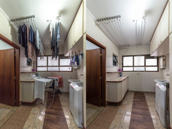 Before & After Decluttering: Best Storage Solutions to Maximize Home Space Side-by-side comparison of a cluttered vs. decluttered laundry room, showcasing the best storage solutions for maximizing home space.